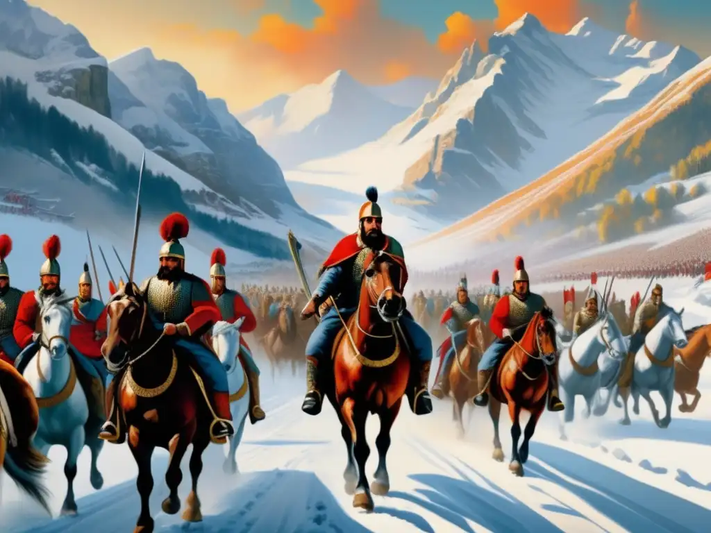 Un épico cuadro 8k muestra a Hannibal Barca liderando sus tropas a través de los Alpes nevados, destacando las estrategias militares de Hannibal Barca