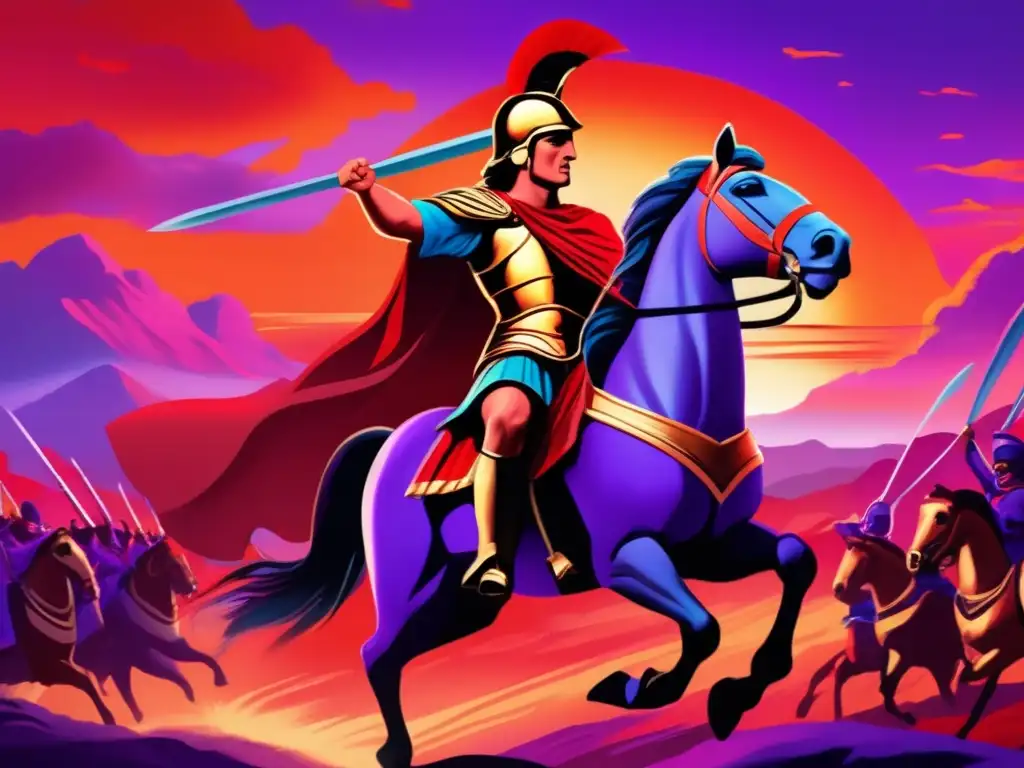Un épico retrato digital detallado de Alejandro Magno liderando a sus tropas con su icónico casco emplumado y capa roja