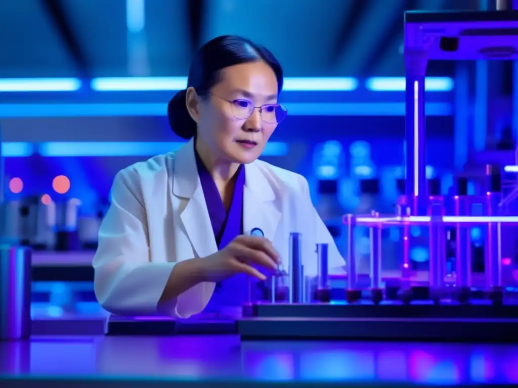 Chien-Shiung Wu ajustando equipo científico en un laboratorio futurista, reflejando innovación y experimentación en la violación de la paridad