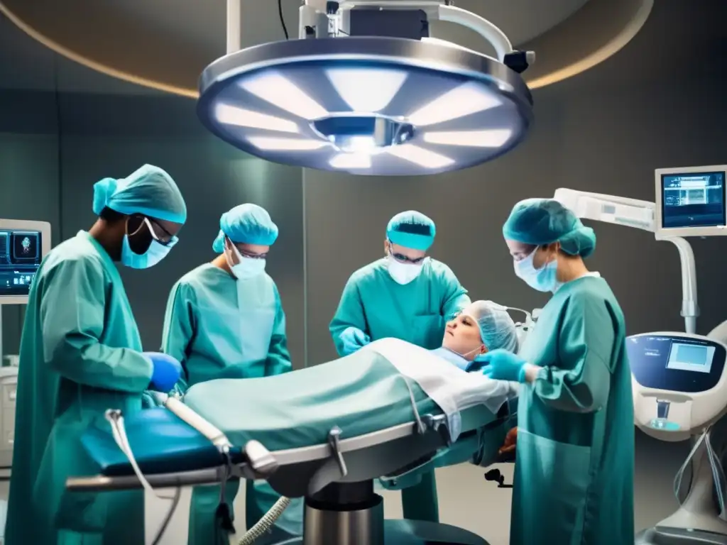 Un equipo de cirujanos realiza una compleja operación en un quirófano moderno, resaltando las contribuciones de AlZahrawi a la cirugía moderna