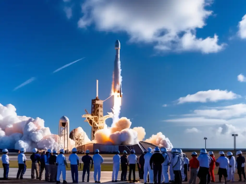 Un equipo de ingenieros en trajes espaciales realiza los últimos preparativos en el bullicioso pad de lanzamiento de SpaceX