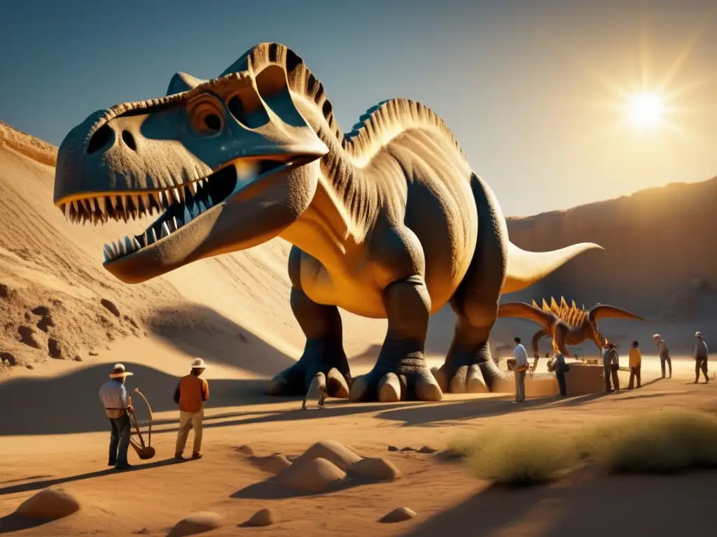 Un equipo de paleontólogos descubre fósiles de dinosaurios en una excavación subterránea, iluminados por el cálido resplandor del sol