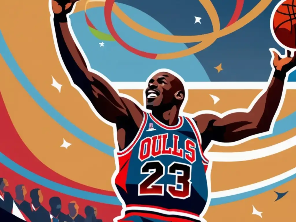 En la era de Michael Jordan olímpicos, el legendario basquetbolista se eleva en un salto icónico, con las Olimpiadas de fondo y una multitud eufórica