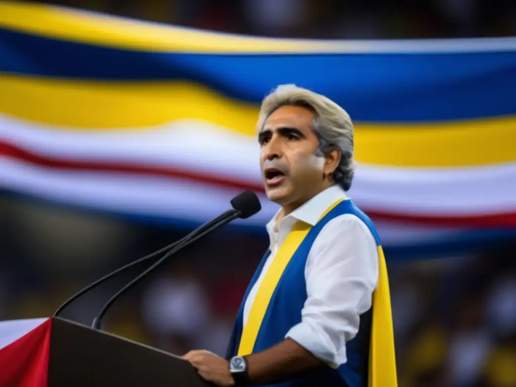 Ernesto Samper, líder apasionado, habla frente a una multitud con la bandera de Colombia de fondo, reflejando su autoridad y presencia en la política