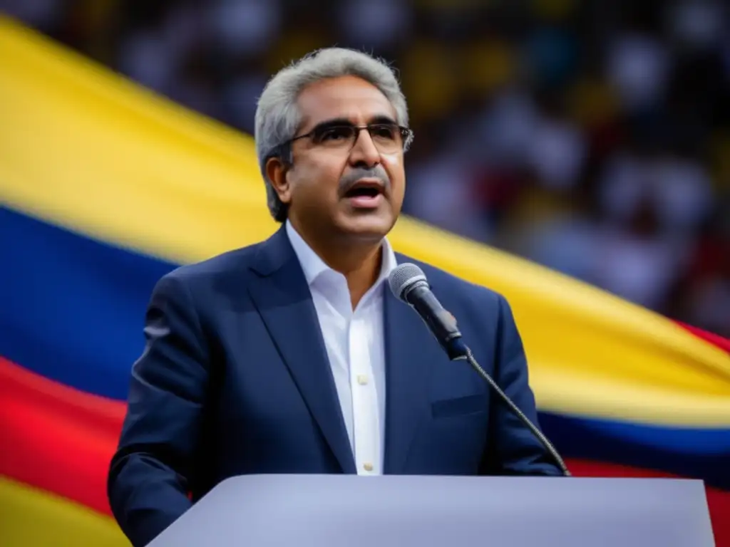 Ernesto Samper pronuncia un discurso potente y seguro en un evento político con la bandera de Colombia de fondo, emanando liderazgo y determinación