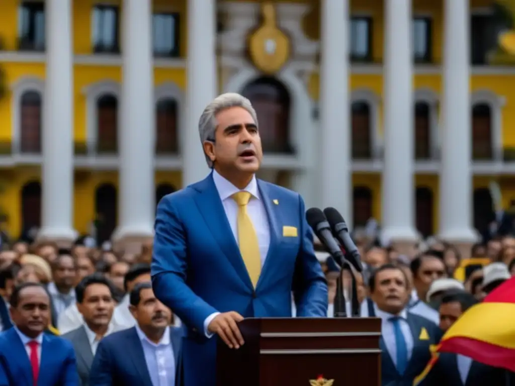 Ernesto Samper presidente de Colombia, inspirando confianza y liderazgo frente al palacio presidencial, con la bandera ondeando al fondo
