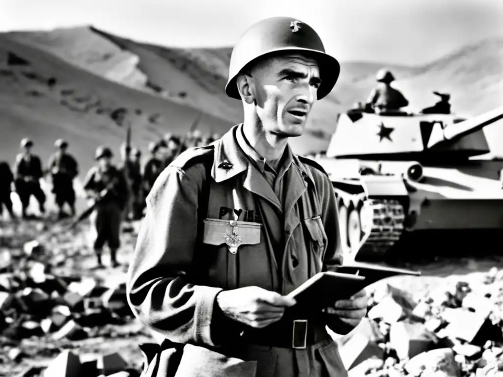Ernie Pyle en uniforme militar, capturando la intensidad de la Segunda Guerra Mundial
