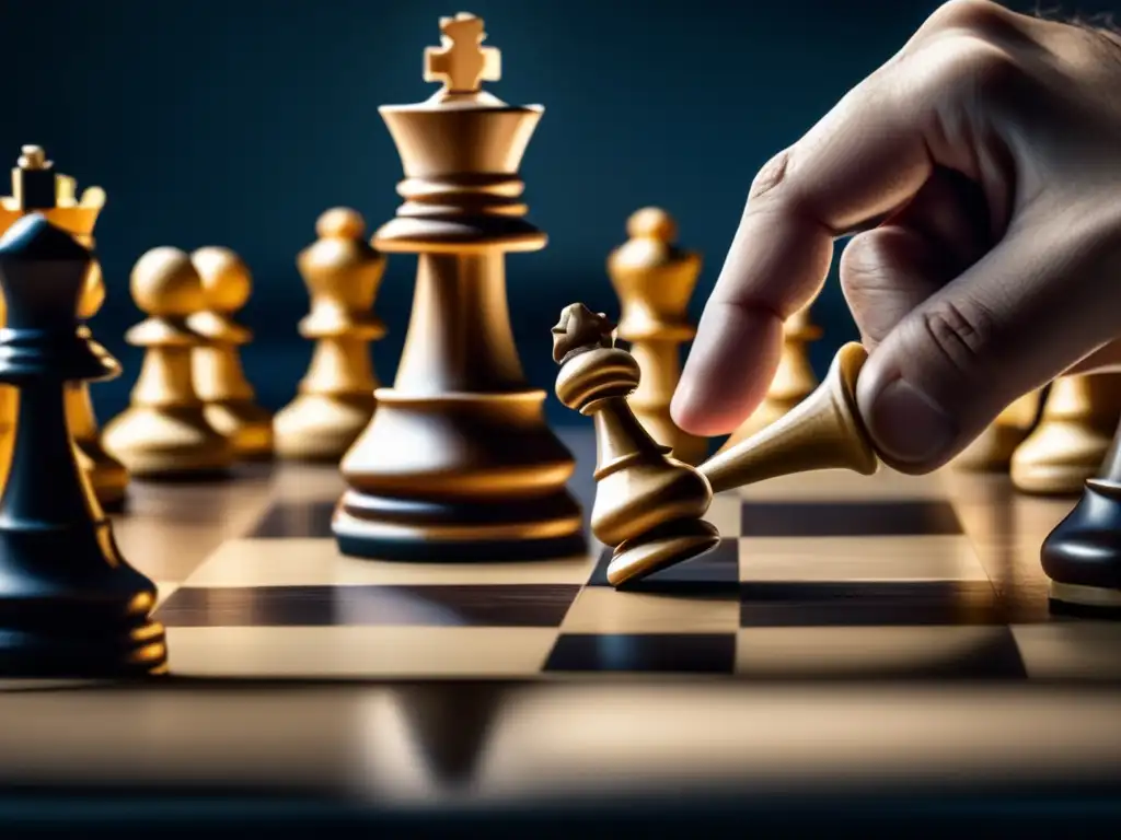 En una escena de ajedrez, el rey caído y una mano en señal de resignación, iluminados por una luz intensa