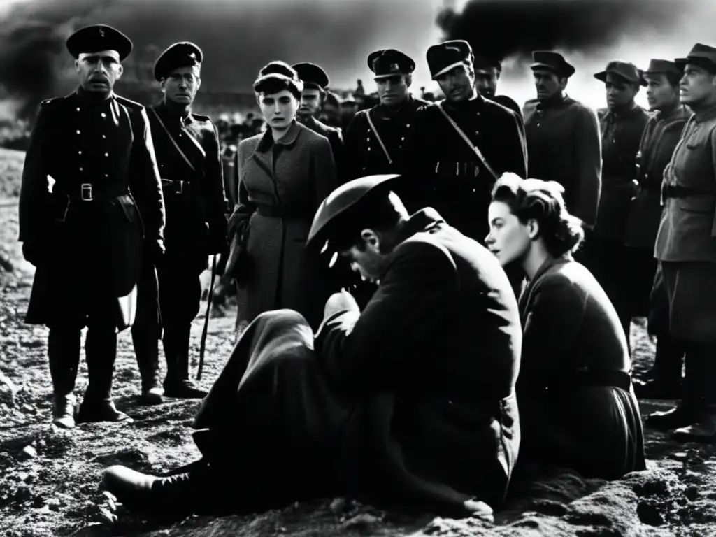 En una escena en blanco y negro de 'La Grande Illusion' de Jean Renoir, se muestra el impacto del realismo poético en cine a través de las expresiones de desesperación y resiliencia de los personajes, resaltadas por el alto contraste y la iluminación dramática