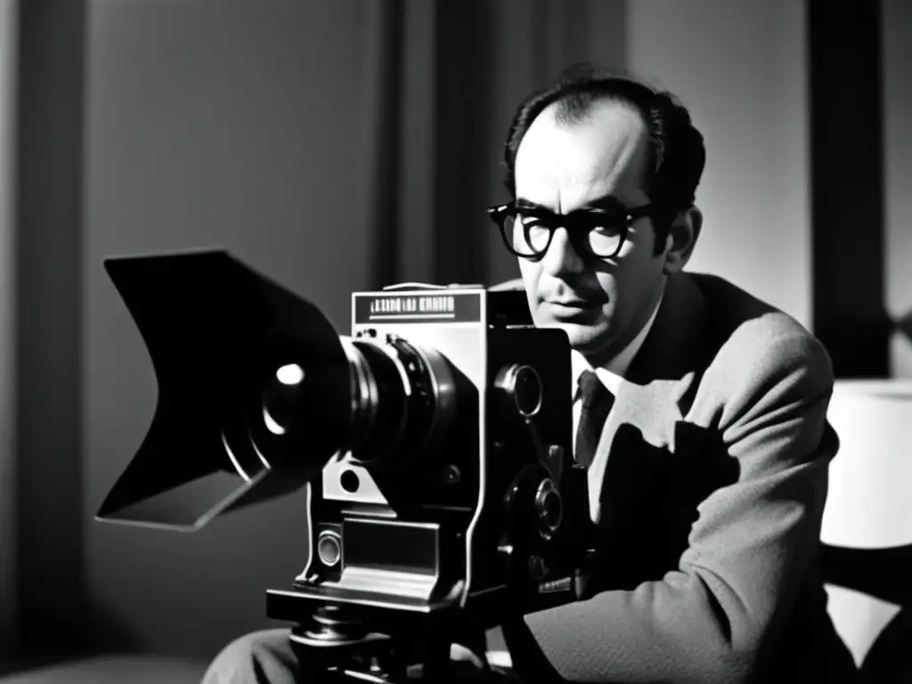 Jean Luc Godard Nouvelle Vague cineasta dirige escena con cámara vintage en blanco y negro, mostrando determinación en su mirada