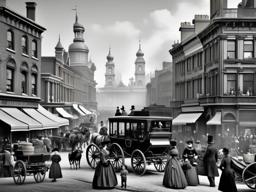 En una escena callejera victoriana, hombres, mujeres y niños realizan sus actividades diarias en un entorno bullicioso y detallado