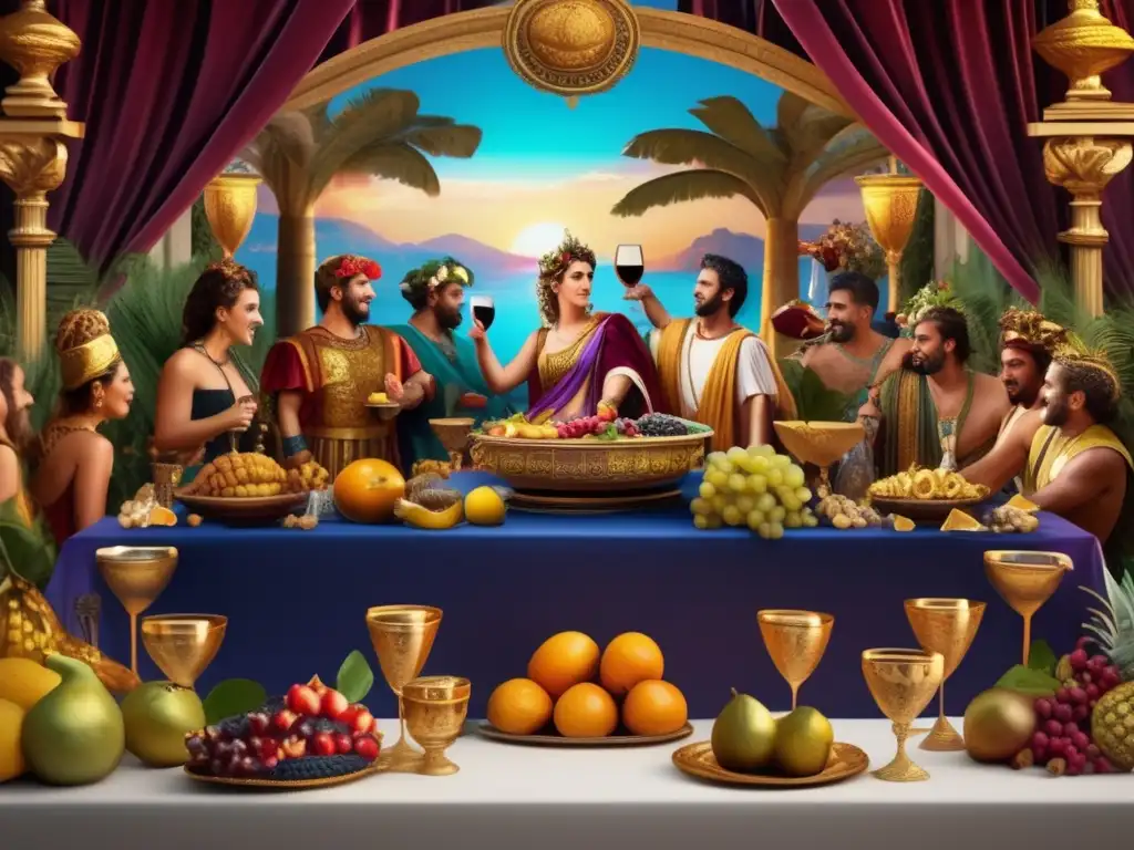 Una escena detallada en 8k de un banquete romano con Dionisio presidiendo la fiesta