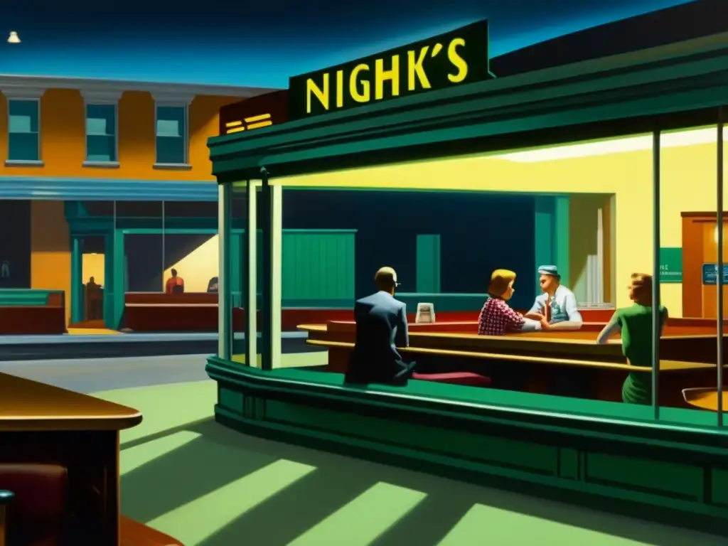 Escena detallada de 'Nighthawks' de Edward Hopper, con realismo crítico y atmósfera urbana