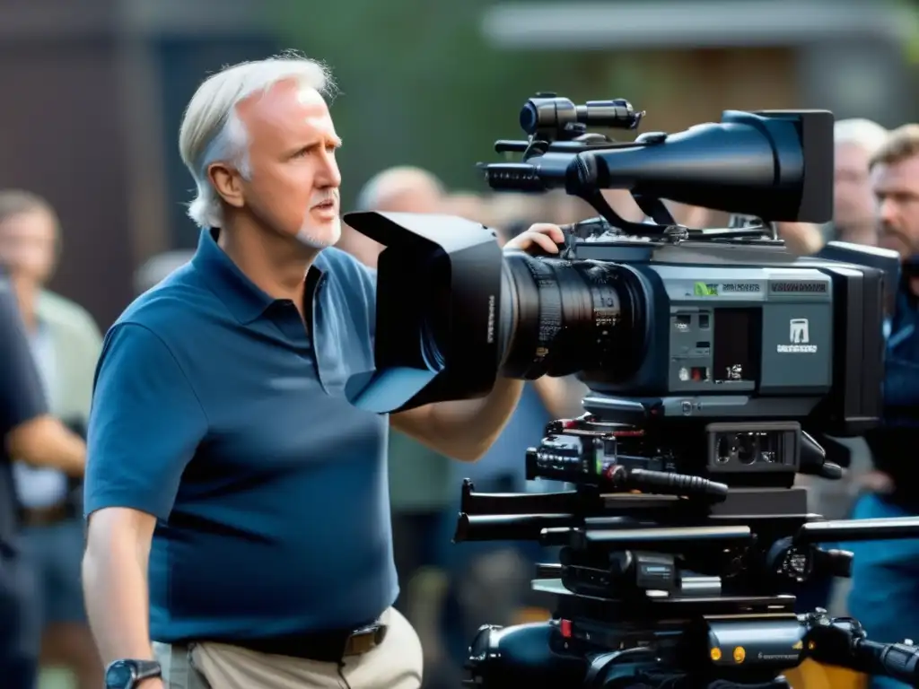 En una escena detallada, James Cameron dirige apasionadamente su visión en el set de una de sus icónicas películas, rodeado de su equipo y avanzado equipo de filmación