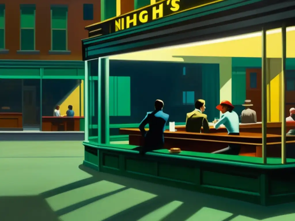 Una escena de diner solitaria en 'Nighthawks' de Edward Hopper, realismo crítico y atmósfera evocadora
