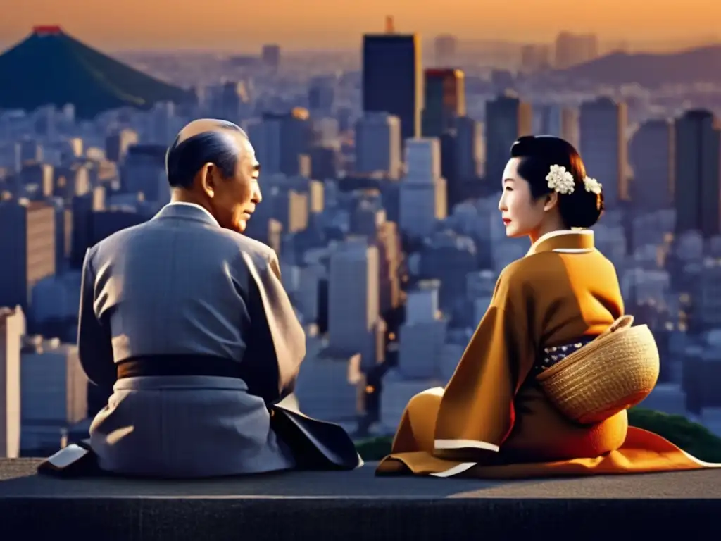 Una escena emotiva de 'Tokyo Story' de Yasujirō Ozu, con una pareja mayor en silencio, frente al bullicio de Tokio al atardecer