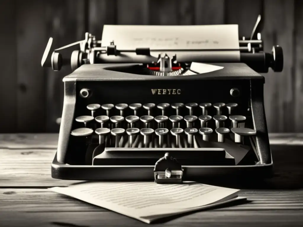 Una escena evocadora de un escritorio antiguo con una máquina de escribir, iluminada por un rayo de luz