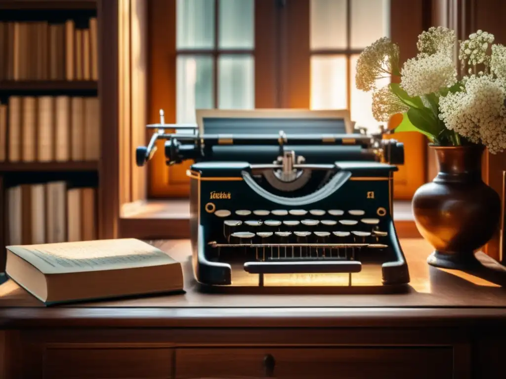 Una escena nostálgica y elegante con una antigua escritorio, libros de Emily Dickinson y flores blancas