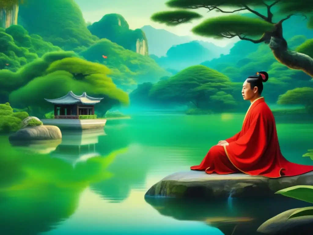 Escena de Wang Yangming en contemplación, rodeado de naturaleza exuberante, reflejando la esencia de la filosofía neoconfuciana Wang Yangming escuela