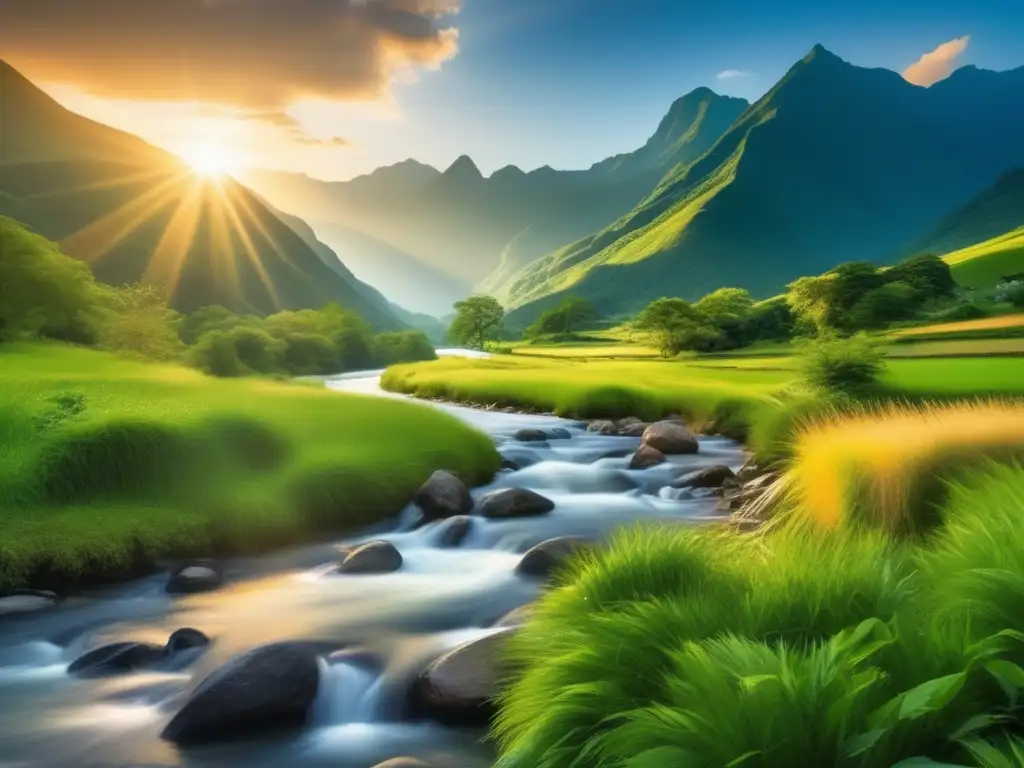 Una escena serena y pintoresca de un exuberante paisaje montañoso con un río serpenteante