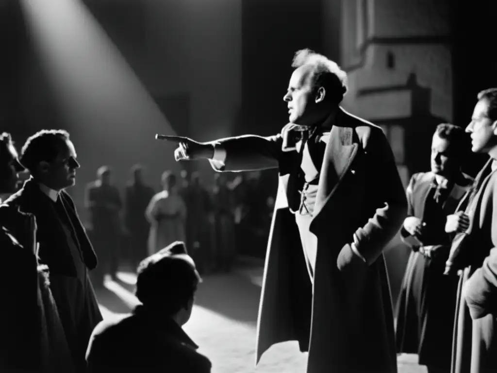 Sergei Eisenstein dirige apasionadamente una escena en un set de película, con iluminación dramática