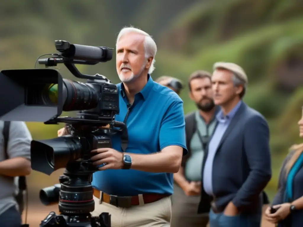 James Cameron dirige una escena en el set de su película, rodeado de periodistas y fotógrafos