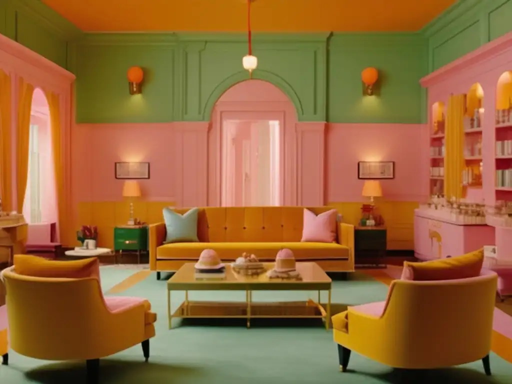 Una escena vibrante y meticulosamente compuesta de la película de Wes Anderson, capturando la estética inconfundible de su cine independiente