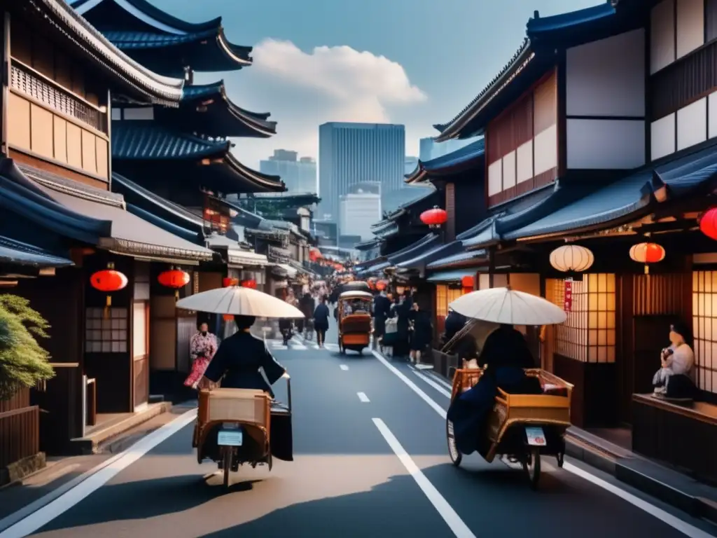 Meijiera Tokyo: Tradición y Modernidad- Una escena vibrante de la Revolución Meiji en Tokio, mostrando la coexistencia de lo tradicional y lo moderno en Japón