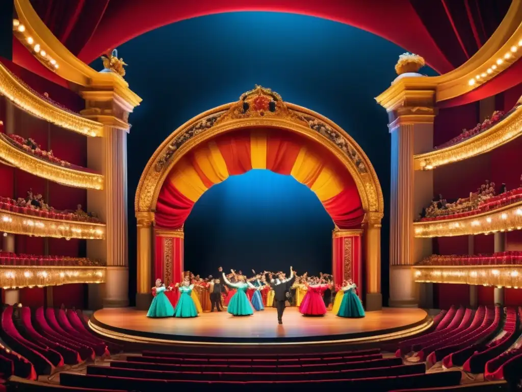 Una escena vibrante de ópera cómica en un escenario detallado