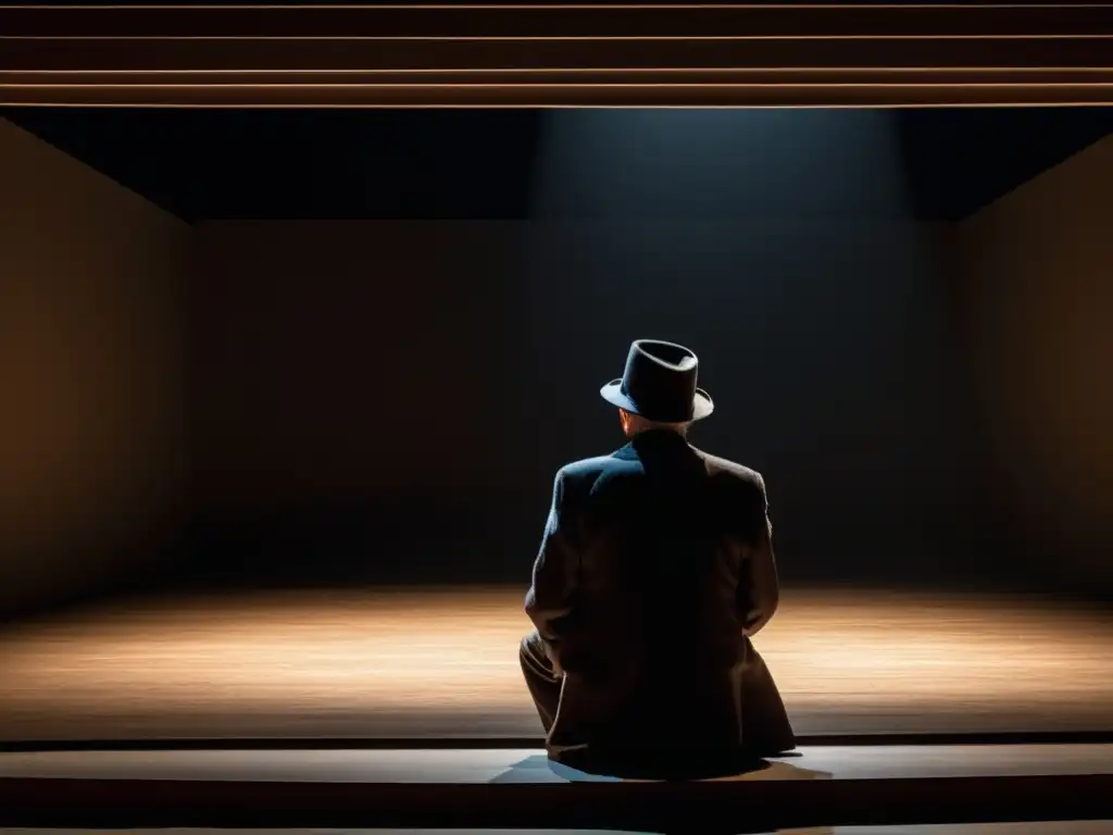 En el escenario, un actor en solitario interpreta 'Esperando a Godot' de Samuel Beckett, con una expresión reflexiva bajo un foco solitario
