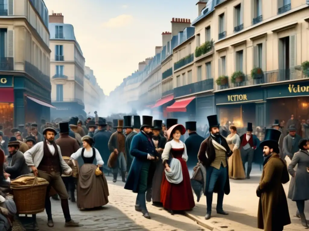 Un escenario detallado en 8k de la París del siglo XIX, inspirado en 'Los Miserables' de Victor Hugo