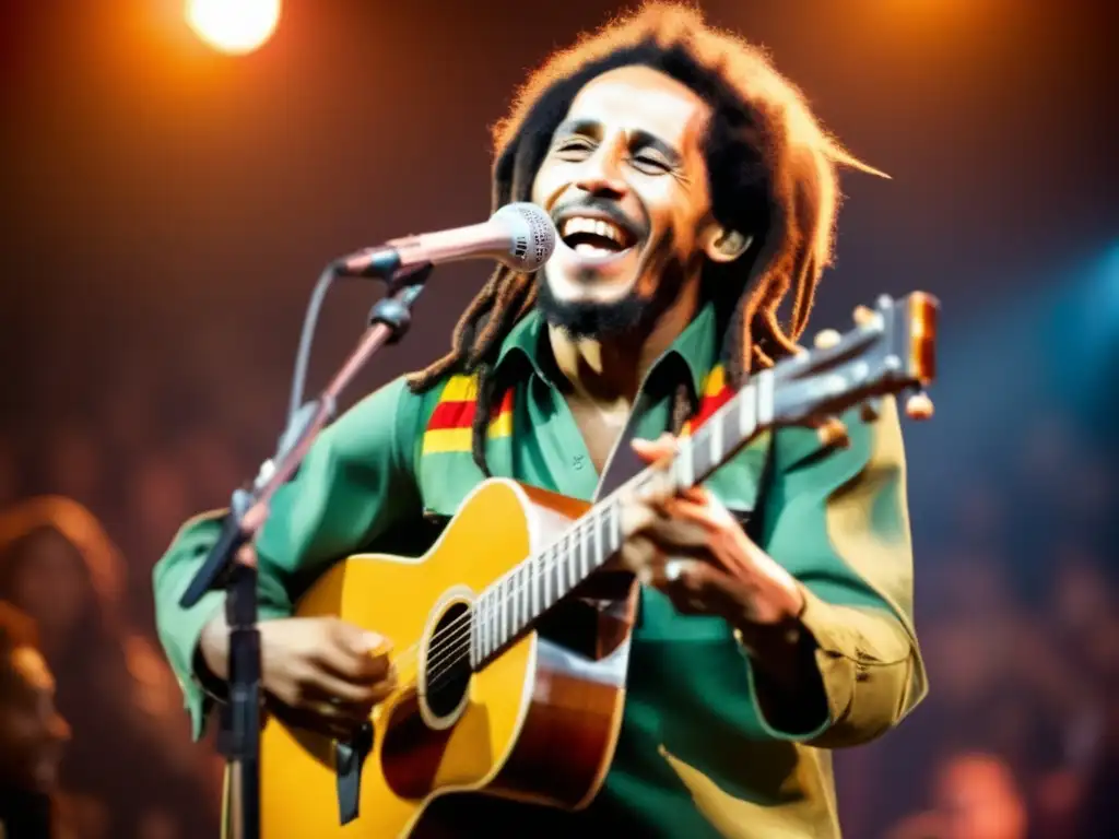 En el escenario, Bob Marley brilla bajo el foco con su guitarra, transmitiendo su mensaje de paz y unidad