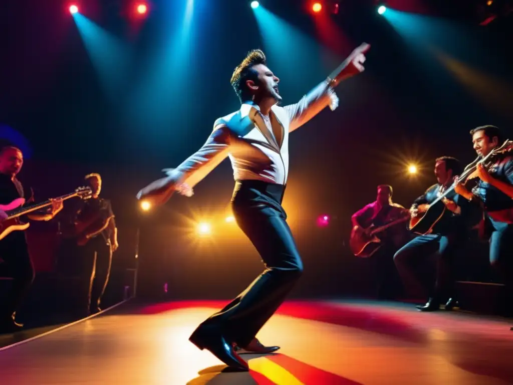 En el escenario, Lucho Gatica irradia carisma y pasión mientras cautiva al público con su música, creando una atmósfera vibrante y emocional