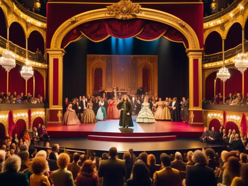En el escenario, Molière brilla en medio de una escena de comedia francesa siglo XVII, con actores y actrices elegantemente vestidos a su alrededor
