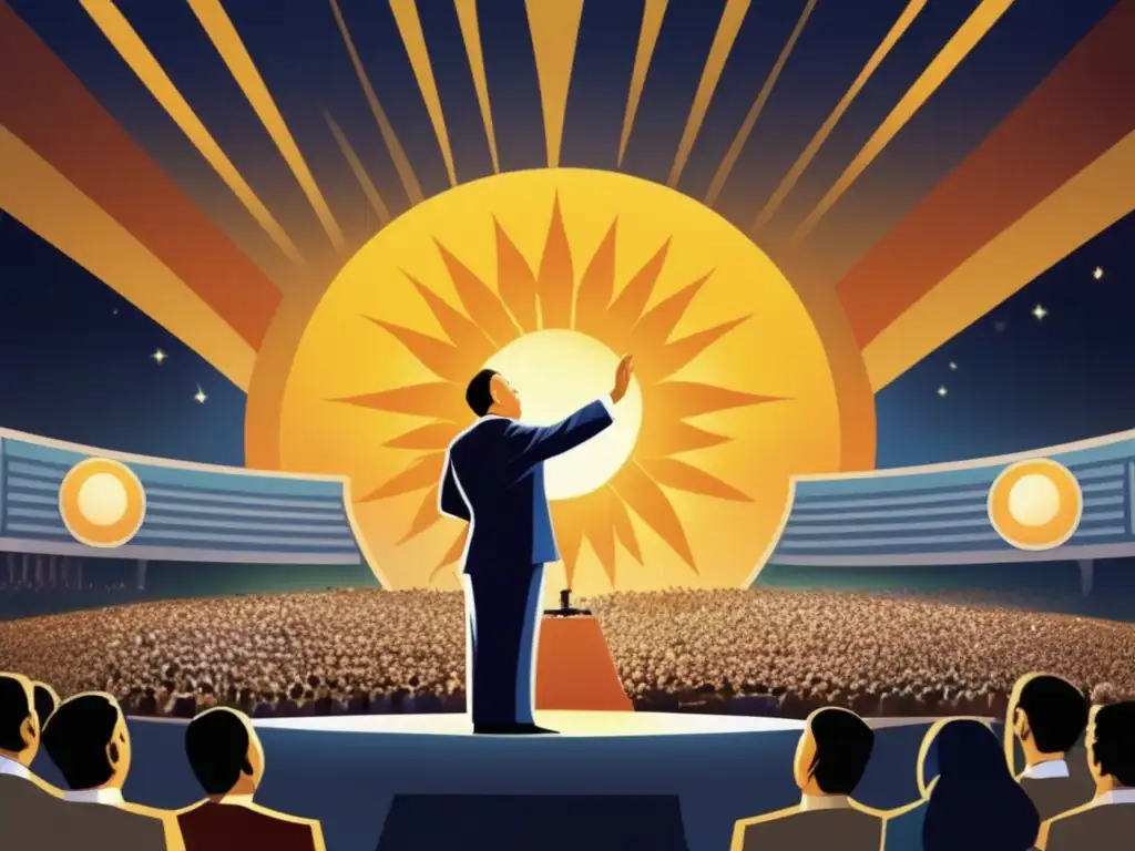 En el escenario, Sun Myung Moon cautiva a una multitud diversa con su carisma y liderazgo