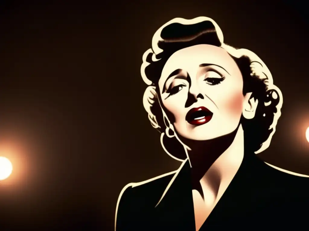 En el escenario, Edith Piaf transmite emoción y pasión al cantar, con una iluminación dramática que resalta su elegancia atemporal