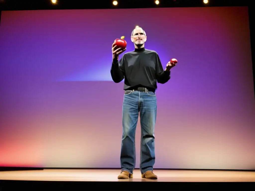 Steve Jobs en un escenario, sosteniendo un producto de Apple, transmitiendo confianza y determinación