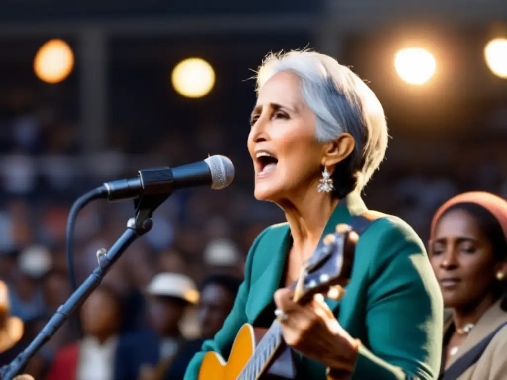 En el escenario, Joan Baez canta apasionadamente en un rally por los derechos civiles, rodeada de un público diverso y comprometido