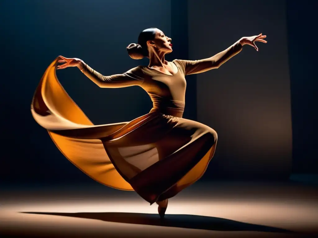 Martha Graham biografía vida artística: Martha Graham bailando con pasión y expresión en escenario, en un retrato de emotividad y fuerza