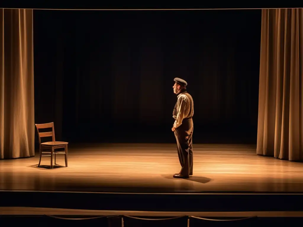 En un escenario teatral, una figura solitaria iluminada por un foco, capturando la emoción cruda y la vulnerabilidad de un personaje chejoviano