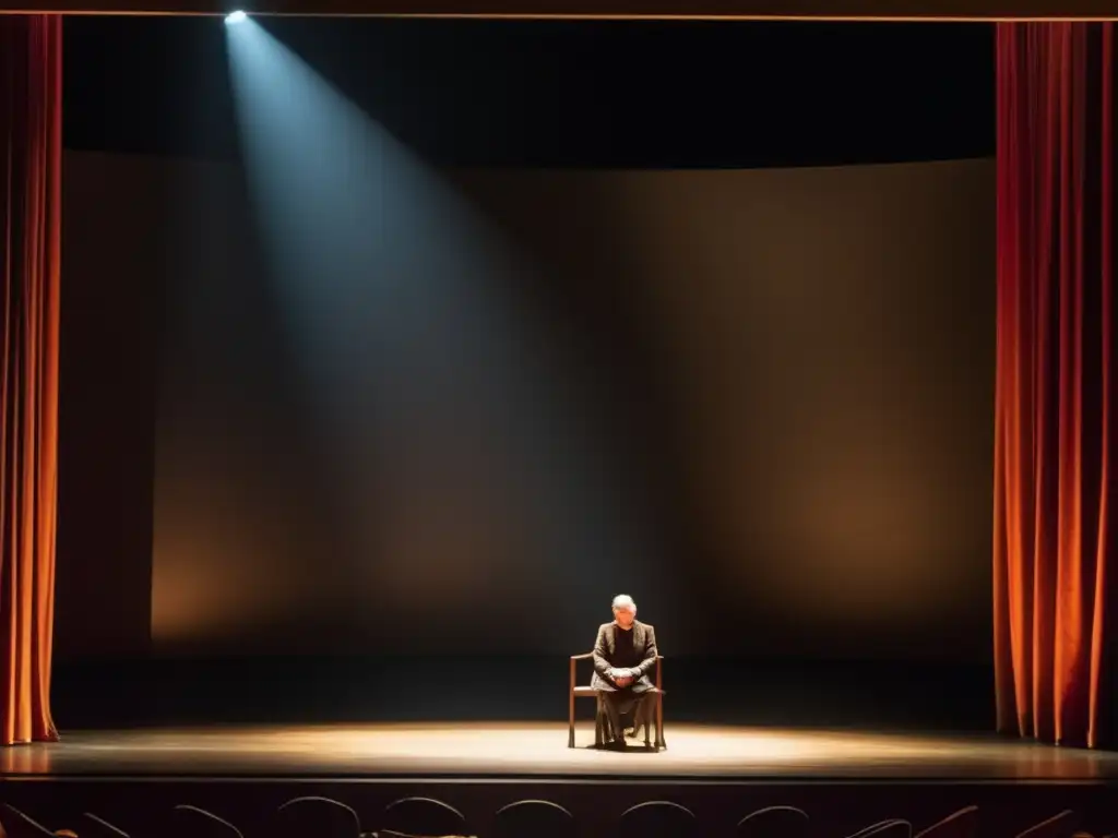 En un escenario teatral iluminado tenue, una figura solitaria bajo un foco captura la esencia dramática de la crítica social en el teatro de Brecht, con un vestuario desgastado pero desafiante y una expresión de determinación y desilusión