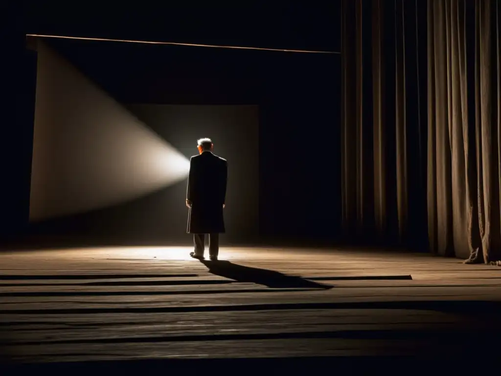 Un escenario tenue con un foco iluminando a una figura solitaria en un entorno desolado