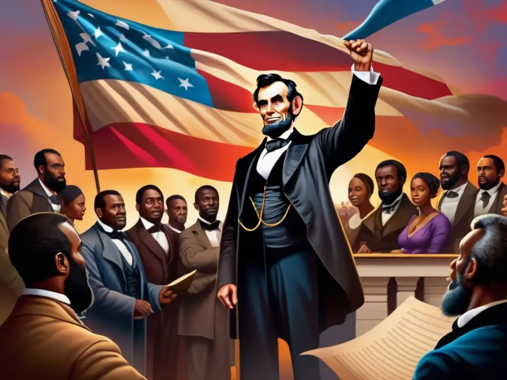 Abraham Lincoln emite la abolición de la esclavitud, impactando con determinación y compasión a un grupo diverso de antiguos esclavos jubilosos
