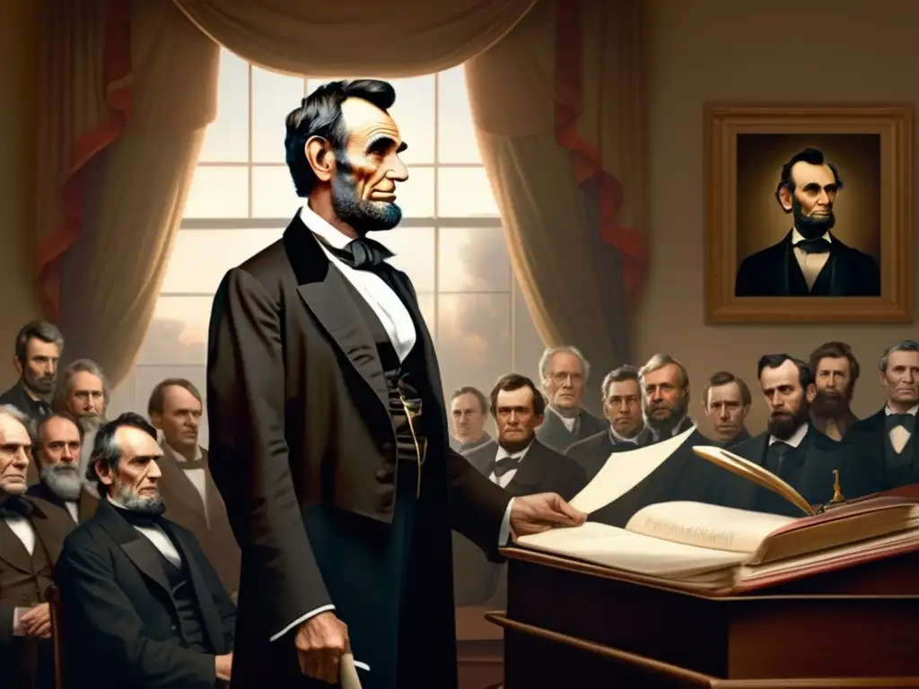 Abraham Lincoln impacta con la abolición de la esclavitud, su rostro lleno de emoción mientras pronuncia el discurso de la Proclama de Emancipación