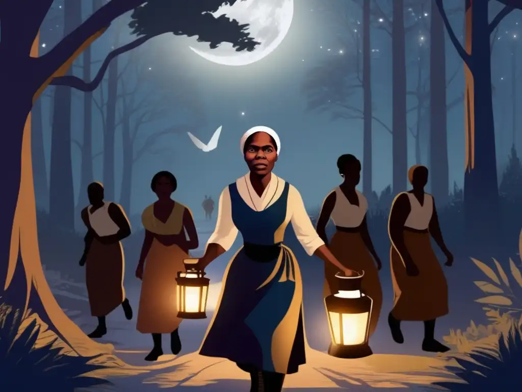 En la ilustración, Harriet Tubman lidera valientemente a esclavos escapados hacia la libertad en un bosque iluminado por la luna