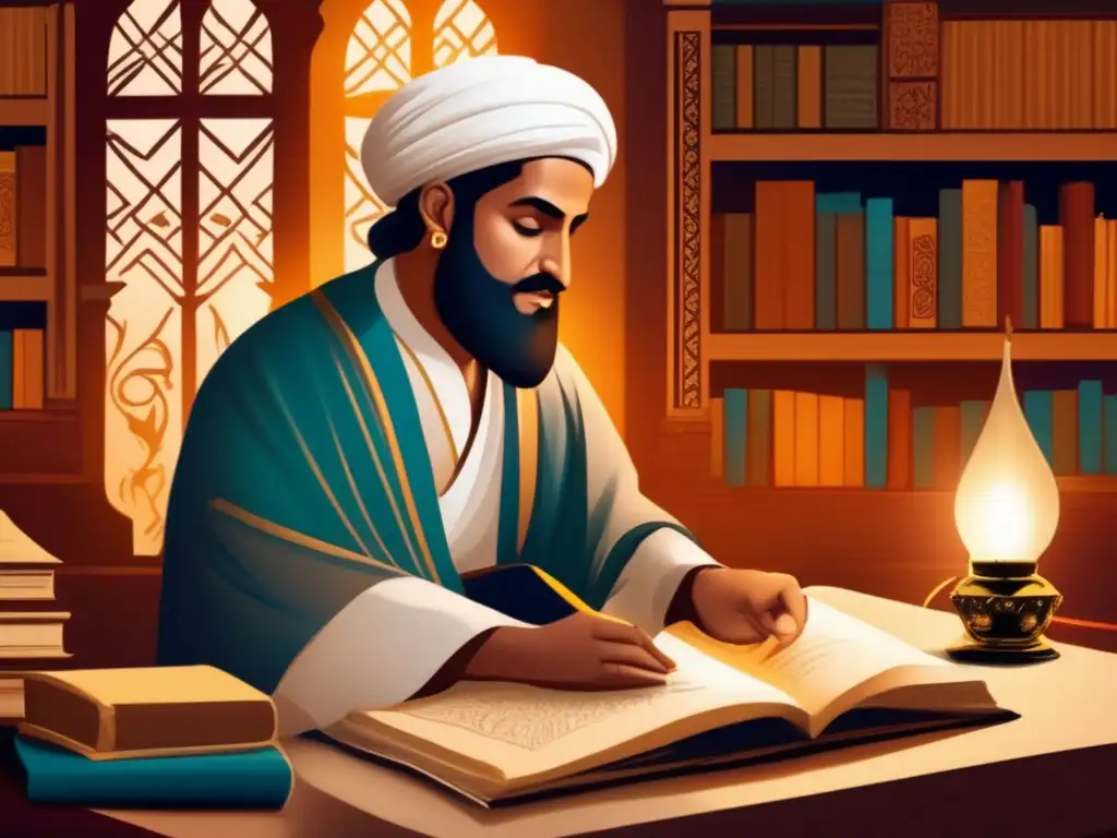 Ibn Tufail, filósofo y escritor, concentrado en su estudio rodeado de libros y pergaminos, iluminado por una lámpara