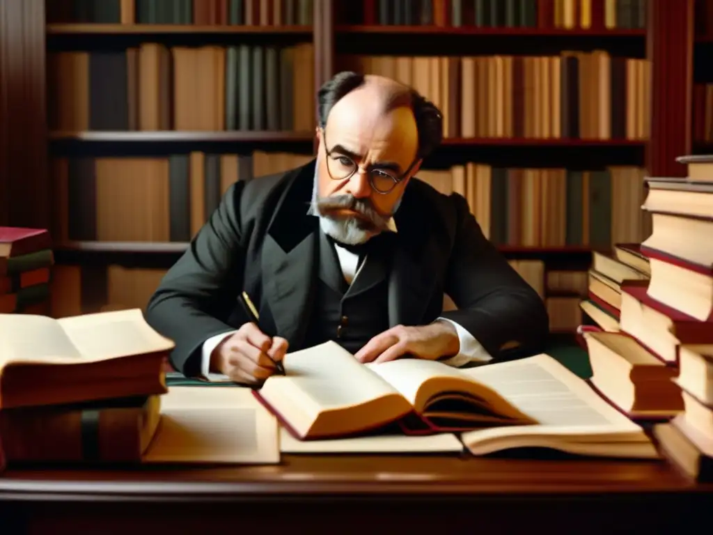 El escritor Émile Zola es retratado en su escritorio, rodeado de libros y papeles, con una expresión intensa