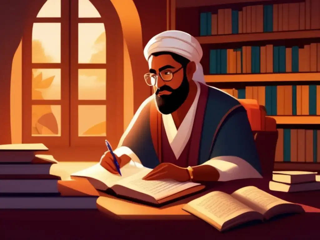 Ibn Tufail, filósofo y escritor, inmerso en la contemplación rodeado de libros y pergaminos, iluminado por la cálida luz del sol
