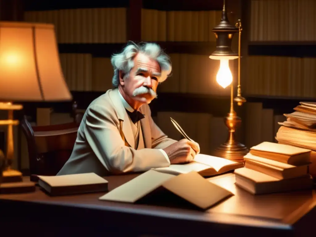 Mark Twain, escritor del siglo XIX, reflexiona en su escritorio entre libros y papeles, en una atmósfera cálida e íntima