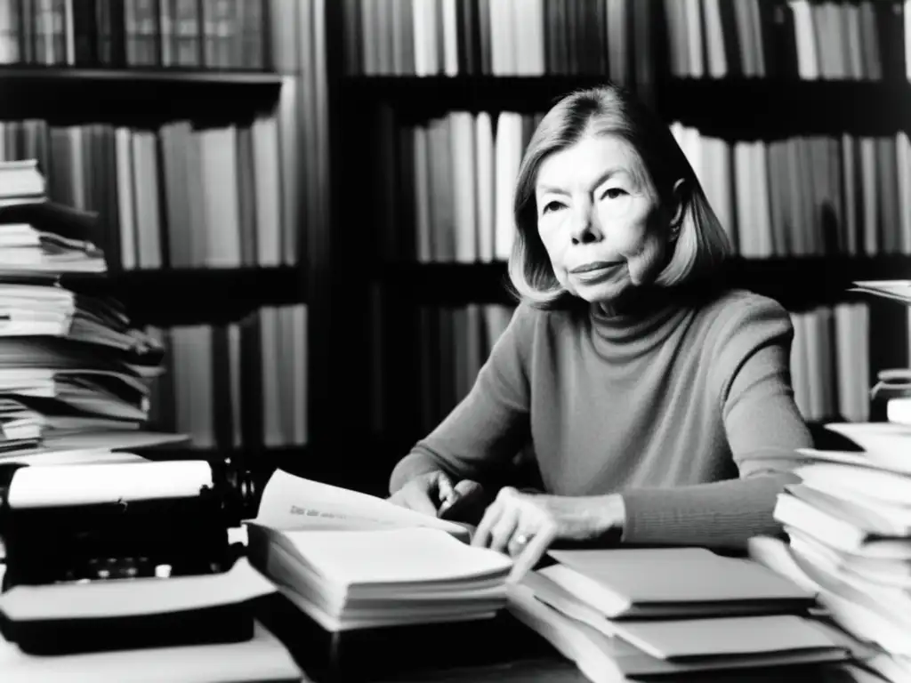 La escritora Joan Didion concentrada en su máquina de escribir rodeada de libros y papeles
